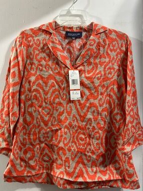 Jones New York Orange and Beige Ikat-Print V-Neck Pullover